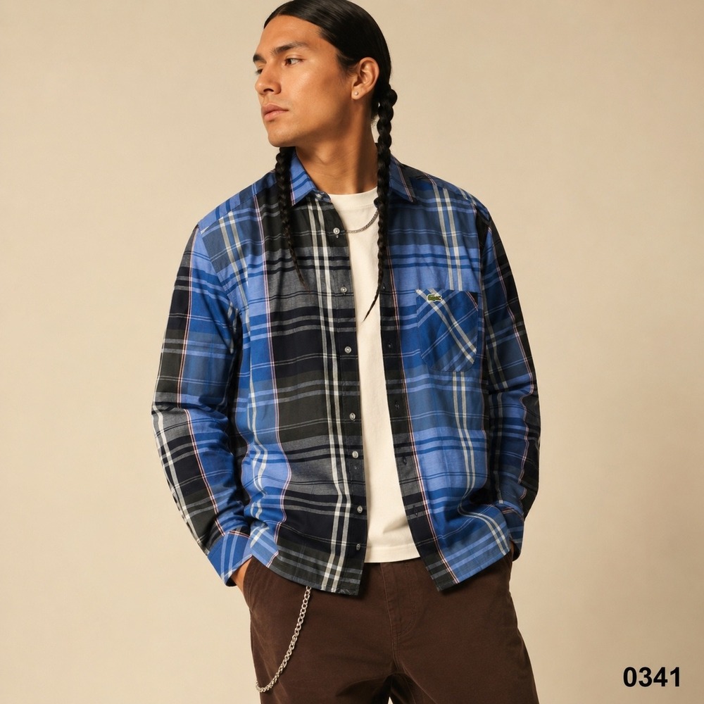 Lacoste L!VE Mens Skinny Fit Blue Plaid Long Sleeve Button Down Shirt 42 0341